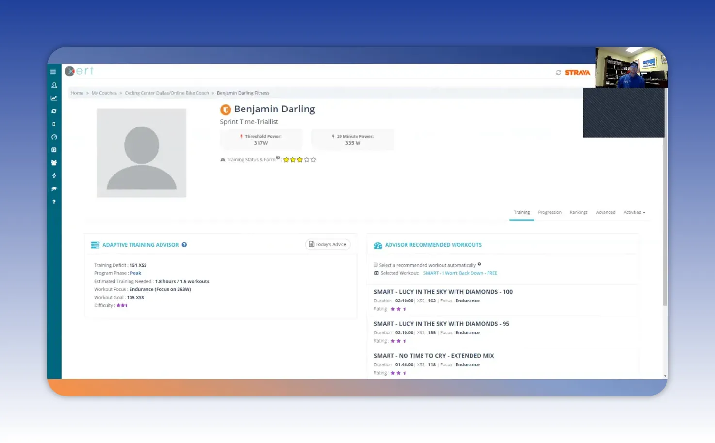 High-clarity Xert home screen screenshot showing profile area, threshold power (317W), star training status, Today's Advice and advisor recommended workouts.