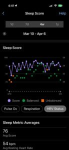 Garmin Connect 4-week trend chart comparing Sleep Score and Resting Heart Rate (RHR) for the Garmin Guru's physiology analysis.