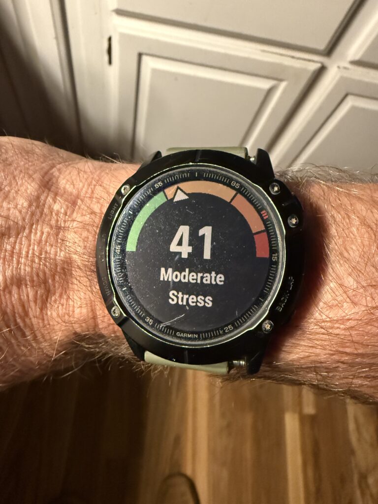 Garmin watch displaying Moderate HRV Stress score of 41.