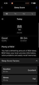 Garmin Connect Sleep Score of 88 showing excellent recovery with 8 hours of sleep and high REM cycles for a cyclist.