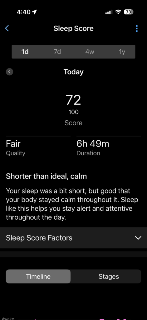 Garmin HRV Stress 72; Sleep Score 72 of 100; duration 6 hours 49 minutes; labeled Fair.
