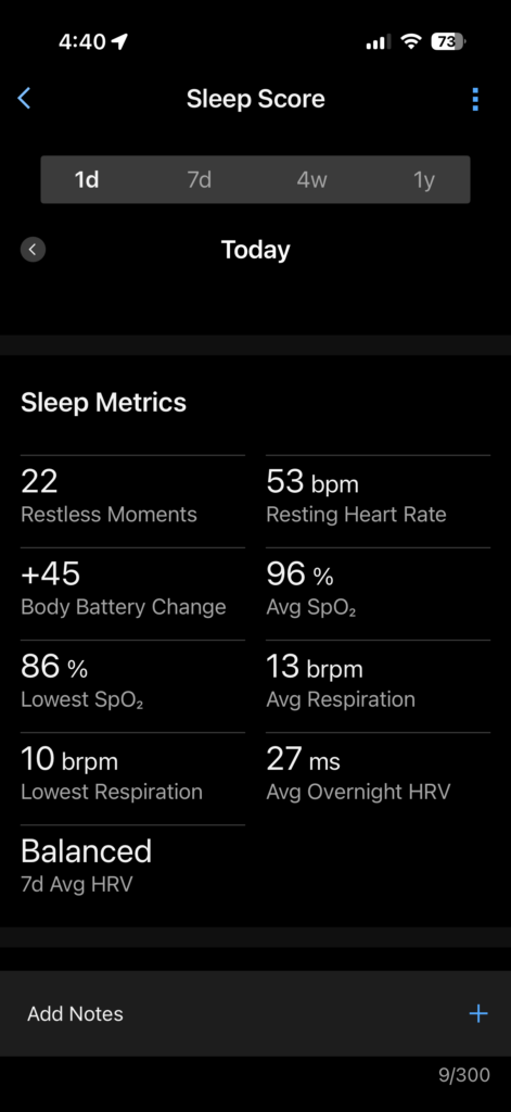 Garmin HRV Stress; overnight metrics showing 27 ms average HRV, 53 bpm resting heart rate, +45 Body Battery, 96% Avg SpO₂.