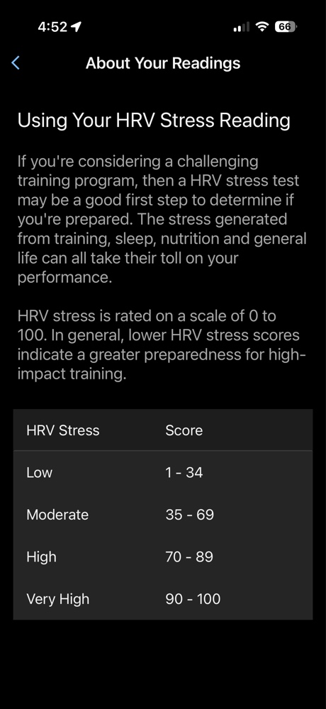 Garmin HRV Stress Test showing a low stress score range of 1 to 35 for training readiness.