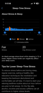 A single night's Garmin Sleep-Time Stress chart showing the average stress score and HRV-based recovery bars.