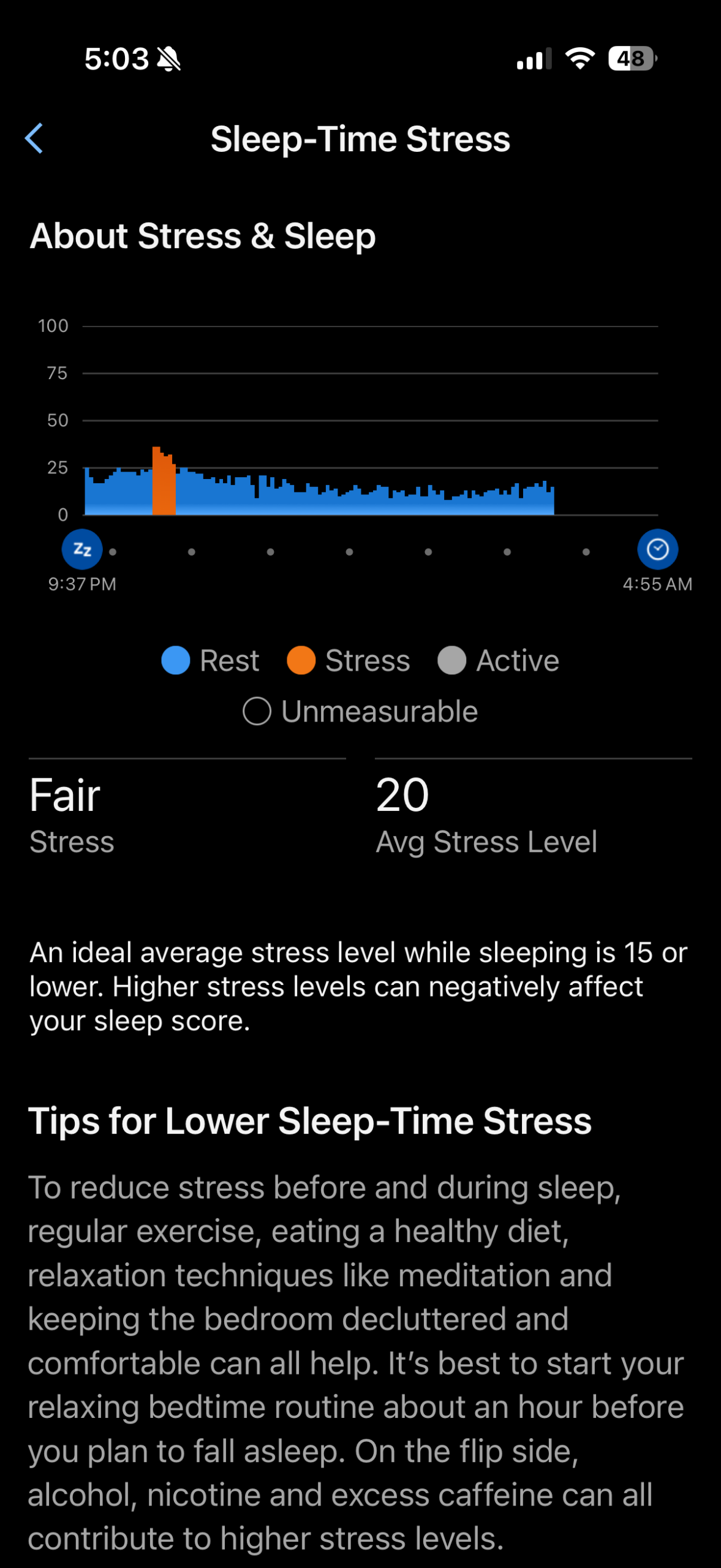 A single night's Garmin Sleep-Time Stress chart showing the average stress score and HRV-based recovery bars.