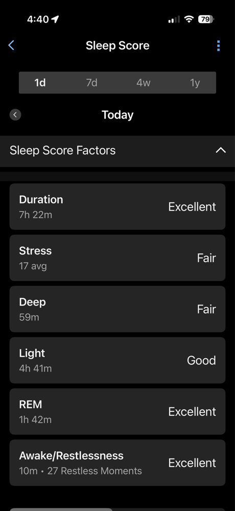 Garmin Sleep Score HRV Stress factors showing systemic load.