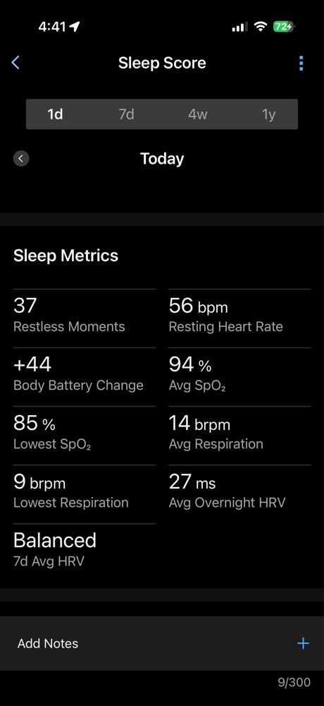 Garmin Connect Sleep Metrics screen for April 6, 2026, showing a Sleep Score of 73 Fair, 7h 41m duration, and an Interrupted status for the Garmin Guru.