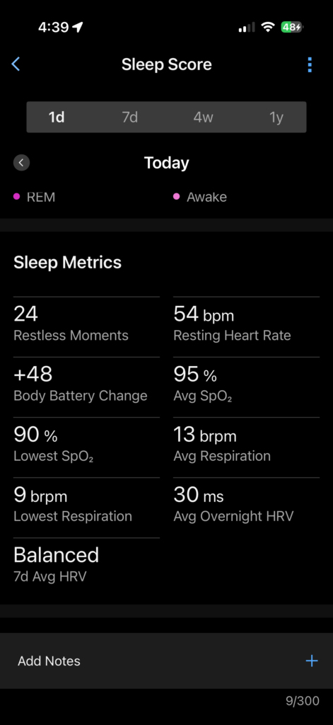 Garmin Sleep Metrics showing restless moments, Body Battery change, HRV status, SpO₂, resting HR, and respiration data from my Fenix 6.