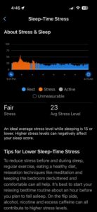 Garmin Connect Sleep Stress timeline showing high stress spikes during the first half of the night and subsequent recovery.