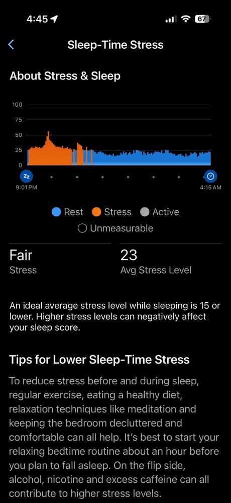 Garmin Connect Sleep Stress timeline showing high stress spikes during the first half of the night and subsequent recovery.