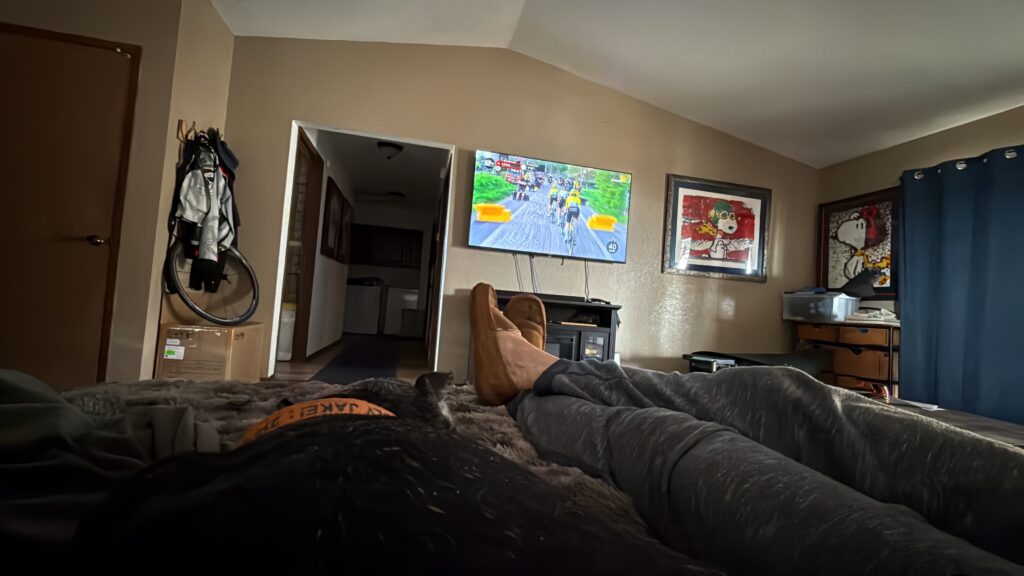 Watching Paris-Roubaix for Garmin Body Battery recovery with Jake the dog.
