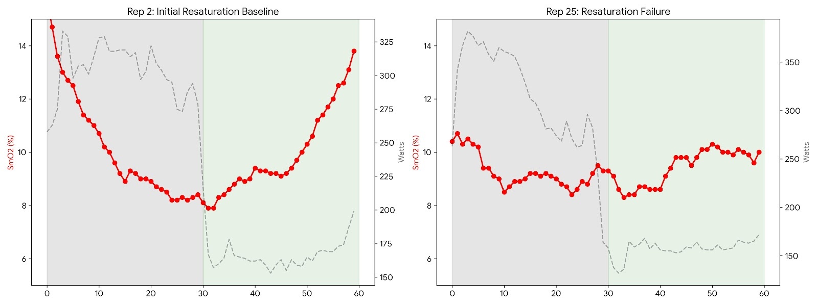 Comparison of SmO2 resaturation capacity in early vs. late Billat intervals showing the failure of muscle re-oxygenation.