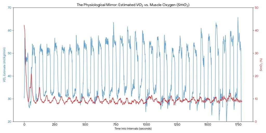 Graph showing the inverse relationship between estimated VO2 demand and muscle oxygen saturation (SmO2) during Billat 30-30 intervals.