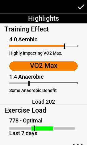 Garmin Edge 1040 screen showing a VO2 Max Training Effect result after a SmO2 threshold training session.