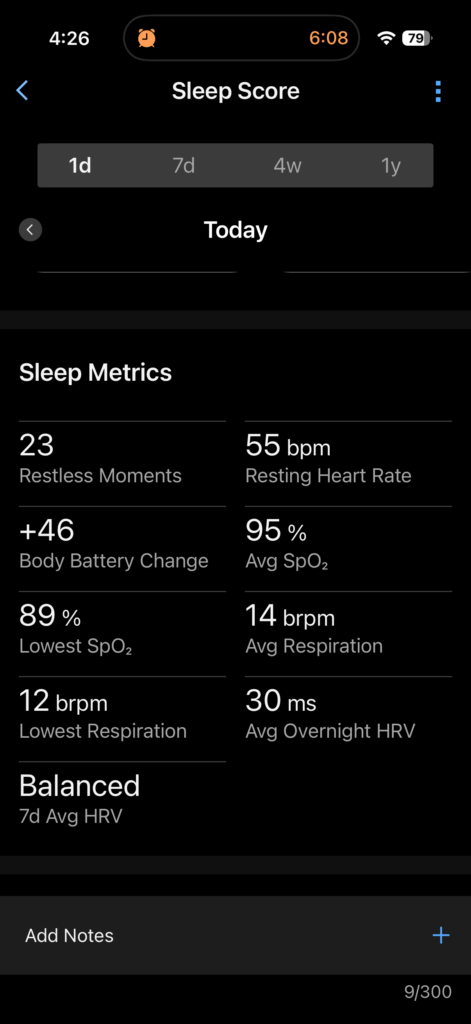 Detailed Garmin Connect sleep metrics and Body Battery.