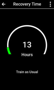Updated Garmin Recovery Time of 13 hours showing Train as Usual status after a night of rest.