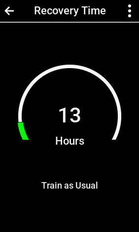 Updated Garmin Recovery Time of 13 hours showing Train as Usual status after a night of rest.