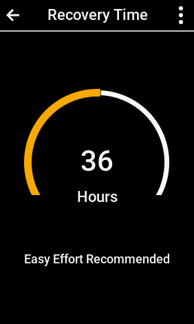 Garmin Recovery Time screen on Edge 1040 showing 36 hours after high physiological load.