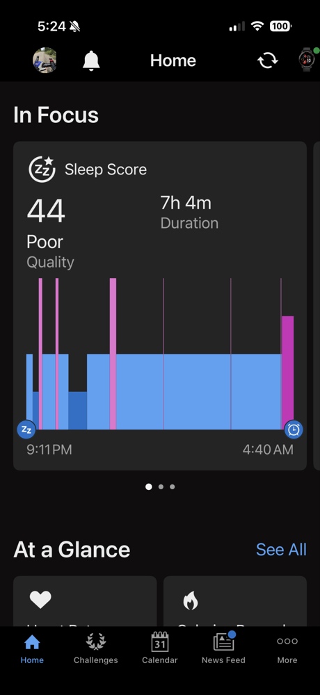 Garmin Connect screenshot showing a Poor Sleep Score of 44 with fragmented sleep stages and minimal deep sleep after alcohol consumption.