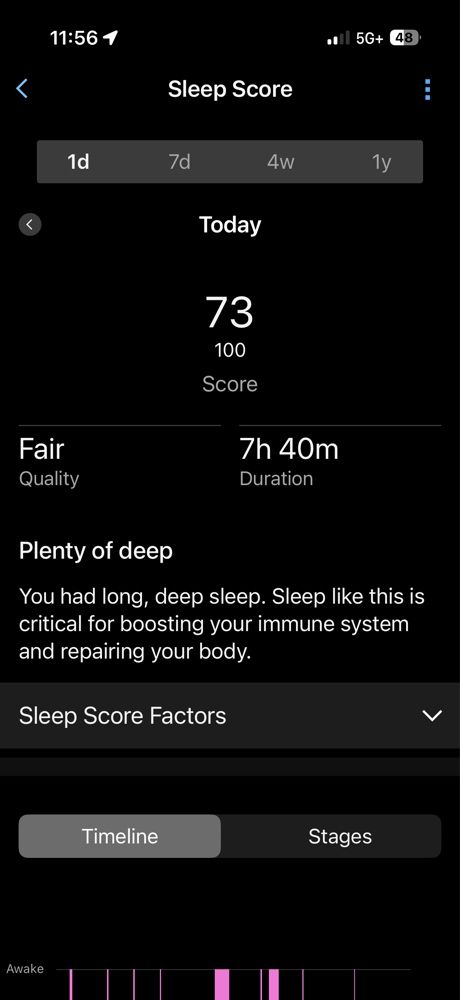 Garmin Sleep Stress score of 73 showing fair quality despite 7h 40m duration.