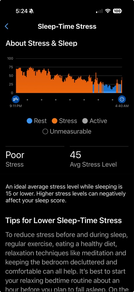 Garmin Connect Sleep-Time Stress graph showing high sympathetic activity (orange bars) and an average stress level of 45 after alcohol consumption.