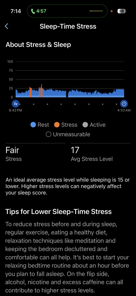 Garmin Connect Sleep-Time Stress graph showing dominant parasympathetic activity (blue bars) and a low average stress level of 17.