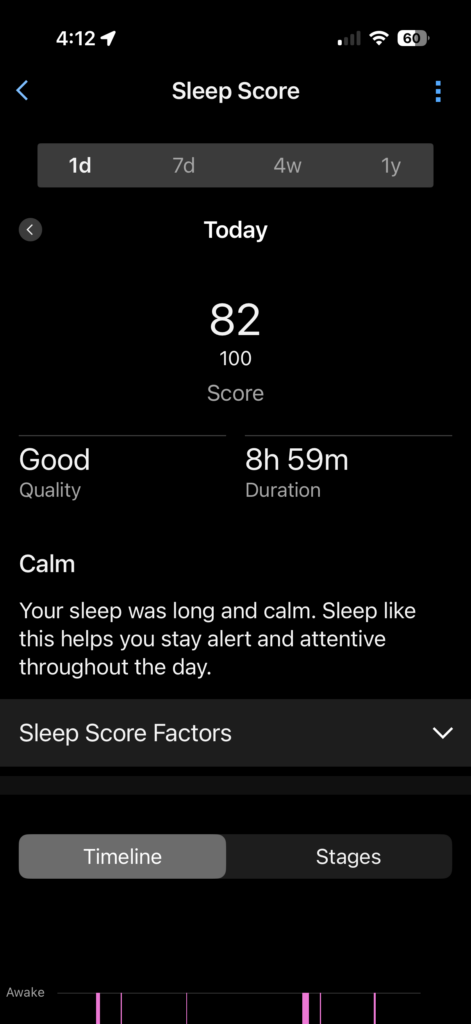 Garmin Sleep Score of 82, rated as Good.
