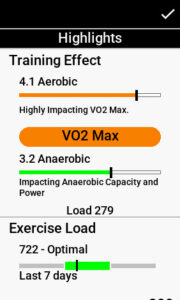 Garmin Edge post-ride analysis showing Aerobic Training Effect of 5.0 and 72-hour recovery time.