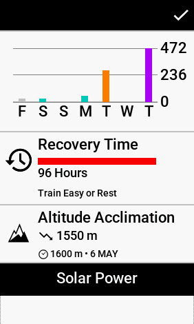 A Garmin watch face displaying a recovery time of 96 hours and an exercise load of 472 following a strenuous workout.