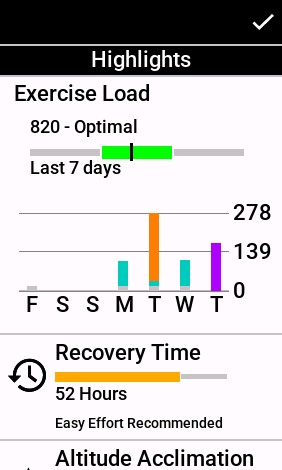 Garmin recovery metrics advisor screen showing 52 hours of rest needed.