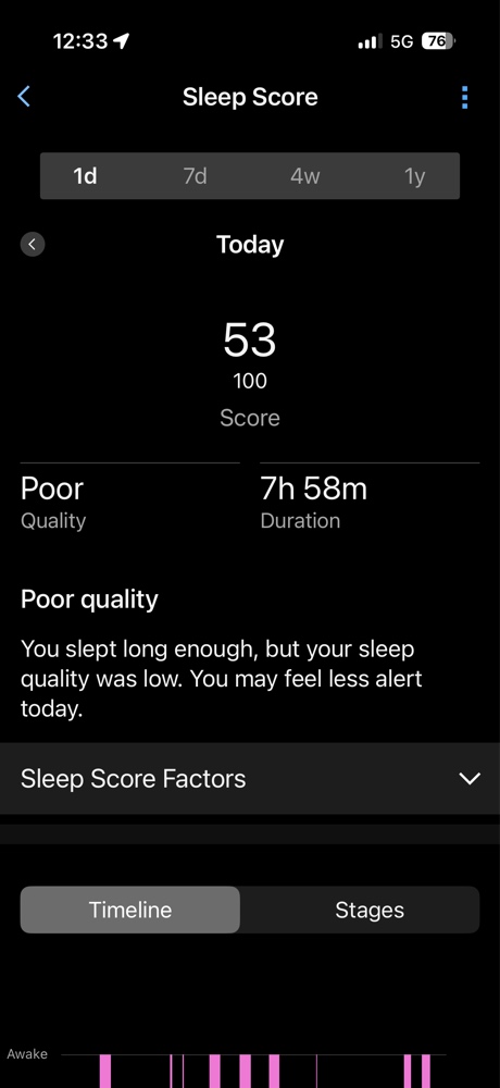 Garmin recovery metrics dashboard showing a Sleep Score of 53 despite 8 hours of duration.