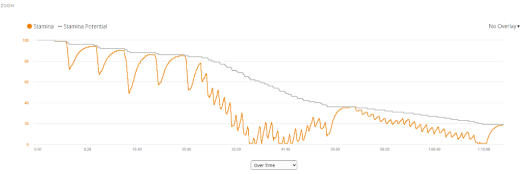 A line graph comparing Garmin Stamina Potential (grey line) and Actual Stamina (orange line) over time. The orange line shows significant drops during high-intensity intervals, flatlining at 0% twice during the workout.