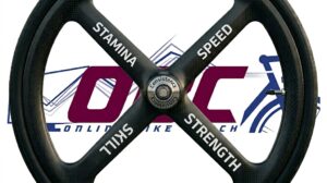 A conceptual bicycle wheel graphic showcasing the four pillars of Online Bike Coaching. A tri-spoke carbon fiber wheel features keywords printed on its blades: STAMINA, SPEED, and SKILL. At the central hub centerpiece, the word CONSISTENCY is printed twice. The full Online Bike Coach logo, as seen in image_20.png, is visible in the background.
