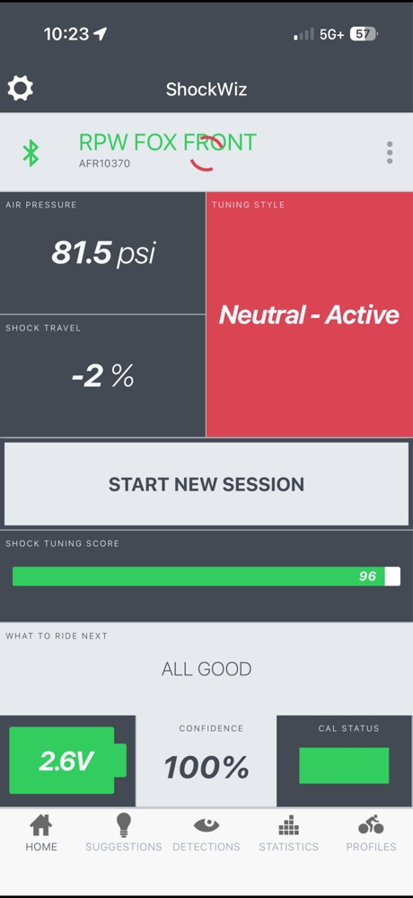 SRAM ShockWiz app interface displaying a 96 shock tuning score used to validate a front fork setup during physiology-first cycling training.