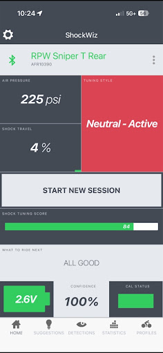 SRAM ShockWiz mobile app dashboard showing an 84 shock tuning score for a rear suspension unit during physiology-first cycling training.