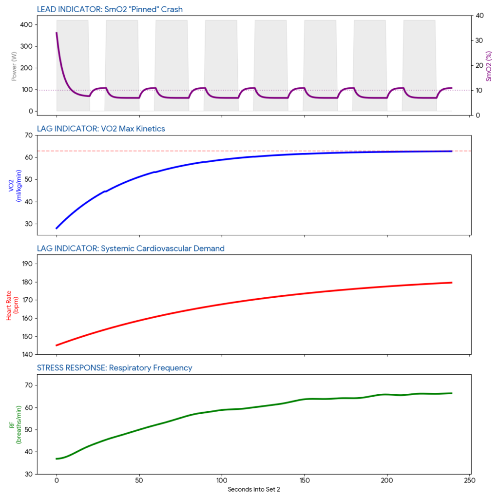A four-panel physiological chart of Tabata Set 2 showing SmO2 "pinned" low throughout the set while VO2, Heart Rate, and RF lag behind.