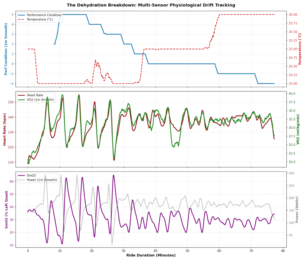 A three-panel stacked line chart tracking cardiovascular drift and dehydration metrics over a 78-minute cycling workout, showing a decline in Garmin Performance Condition from +5 to -2 as heart rate and VO2 rise while power output drops.
