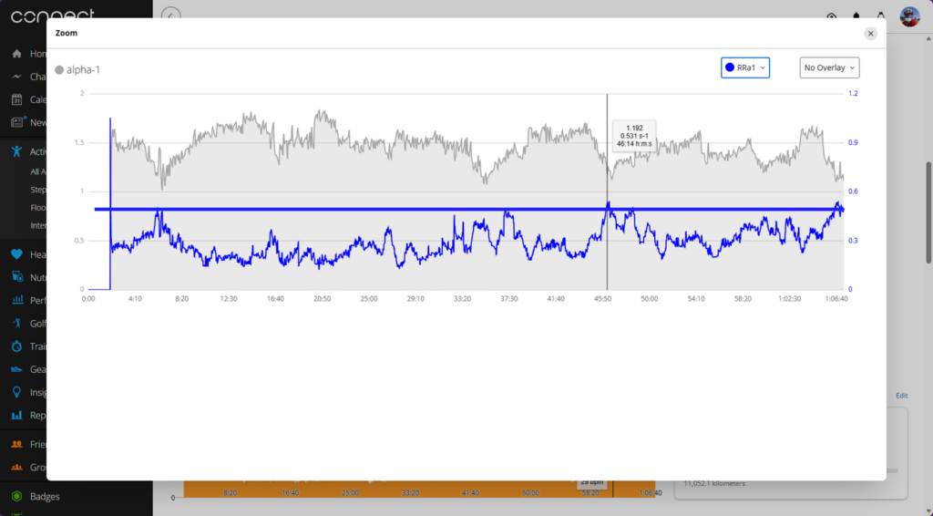 Dual graph showing DFA‑α1 above 1.17 and RR‑A1 below 0.5 for most of the base ride, indicating strong autonomic stability.