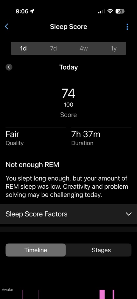 Garmin Connect mobile app user interface detailing an overall sleep score of 74 fair, setting the initial autonomic recovery baseline before monitoring Garmin Performance Condition tracking data.