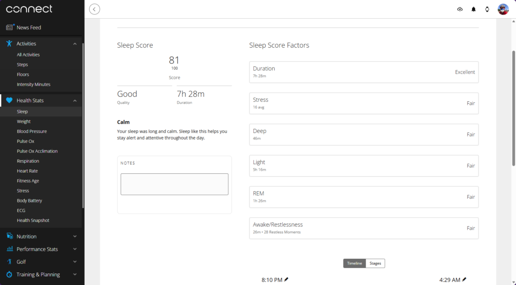 Garmin Connect web dashboard interface displaying a Sleep Score of 81 with structural breakdowns for stress, deep sleep, and restlessness.