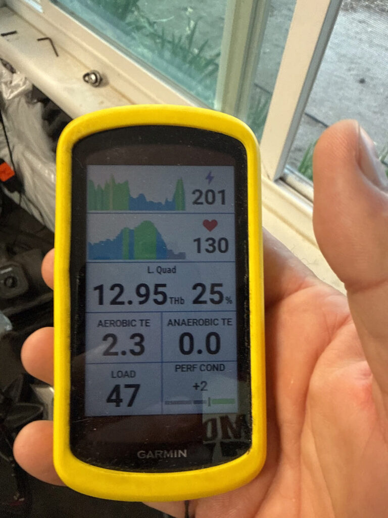 Garmin cycling computer showing 201 watts, 130 bpm heart rate, PerfCon +2, and aerobic training metrics during a base ride.