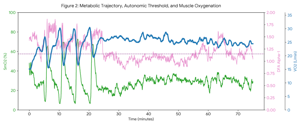 A multi-axis physiological plot isolating custom metabolic curves against local muscle oxygen metrics.