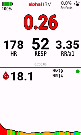 Garmin Edge screen displaying AlphaHRV DFA alpha 1 value of 0.26, respiration rate 52, RR-a1 ratio 3.35, and Moxy muscle oxygenation at 18.1 percent.