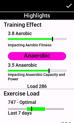 Garmin workout highlights screen showing primary training impact classified as Anaerobic with 3.8 Aerobic TE and 3.5 Anaerobic TE.