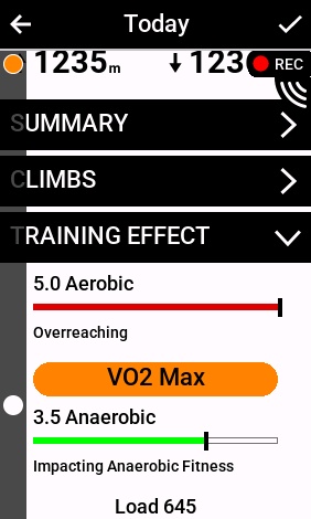Garmin Edge summary screen displaying 5.0 Aerobic Overreaching score with VO2 Max classification label.