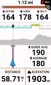 Garmin Edge 1040 screen showing Power Guide targets including 3S power, guide target, split power, and average guide power.
